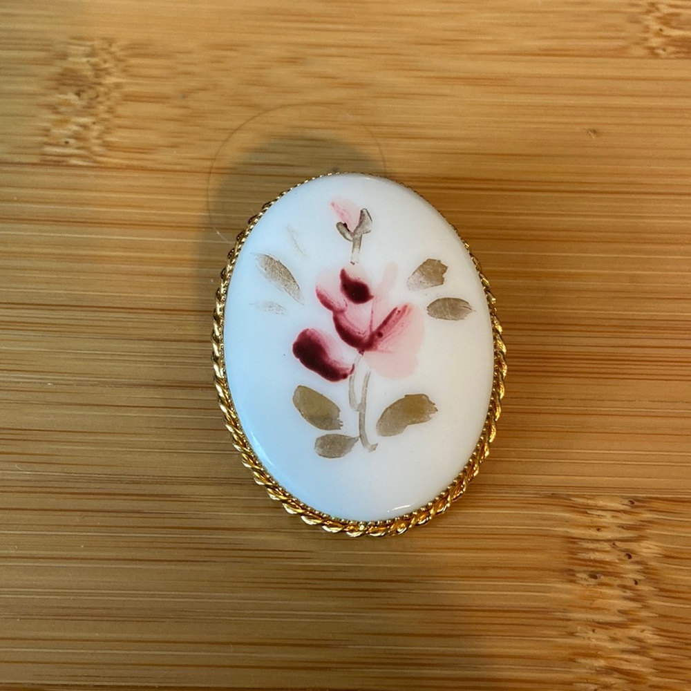 Hand painted Rose Cameo Pin, Costume Jewelry Brooch, Rose Brooch